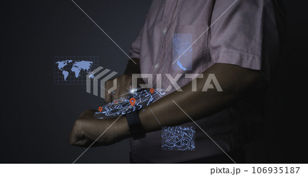 Man using smart watch technology find virtual model map with location point. Man using smart watch technology find virtual model map with location point. 106935187