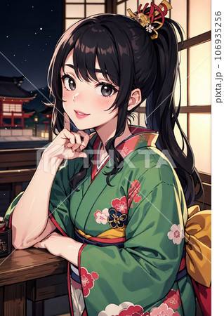 デートに誘われ何かを期待する緑の着物美少女のイラスト素材