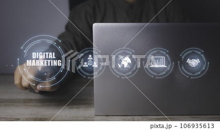 Action Plan business strategy Digital Marketing by computer laptop. 106935613