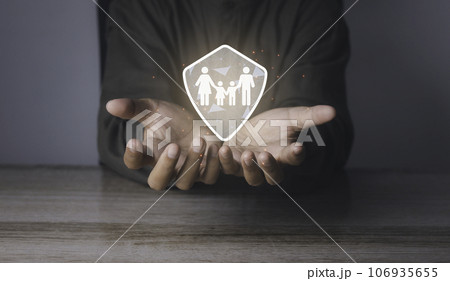 Man with protective gesture family. Man with protective gesture family. 106935655