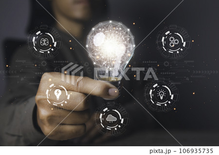Businessman holding bright light bulb with icons Idea, Brainstorm, Innovation. Businessman holding bright light bulb with icons Idea, Brainstorm, Innovation. 106935735