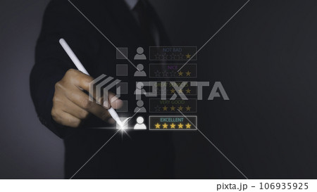 Businessman giving high score with five stars rating satisfaction in service. 106935925