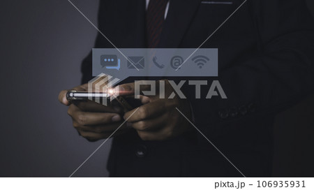 Businessman access contact connect online by smartphone with contact icons. Businessman access contact connect online by smartphone with contact icons. 106935931