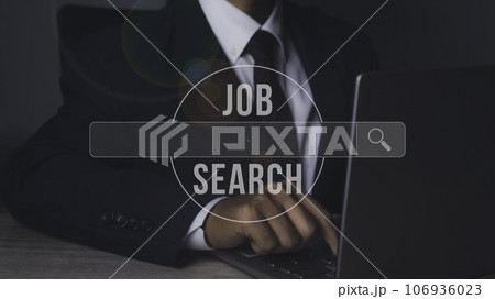 Man browsing work opportunities online by laptop computer. Job search. Man browsing work opportunities online by laptop computer. Job search. 106936023
