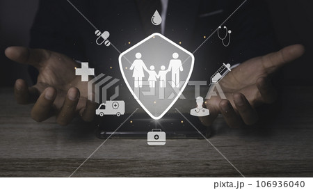 Man protective gesture family with Healthcare medical and insurance icons. Man protective gesture family with Healthcare medical and insurance icons. 106936040