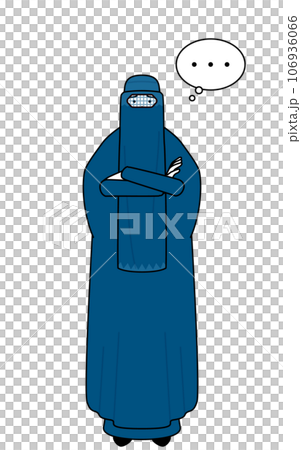 Muslim woman in burqa thinking with arms folded Muslim woman in burqa thinking with arms folded 106936066