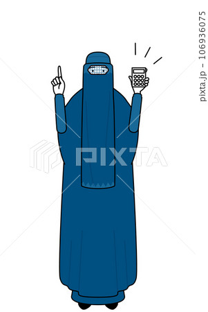 電卓を持って指さすブルカ姿のイスラム女性 電卓を持って指さすブルカ姿のイスラム女性 106936075