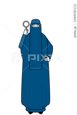 虫メガネをのぞくブルカ姿のイスラム女性 106936112