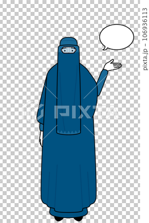 ふきだしつき、案内をするブルカ姿のイスラム女性 ふきだしつき、案内をするブルカ姿のイスラム女性 106936113