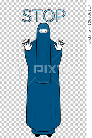 A Muslim woman in a burqa puts her hand out in front of her body, signaling a stop. A Muslim woman in a burqa puts her hand out in front of her body, signaling a stop. 106936117