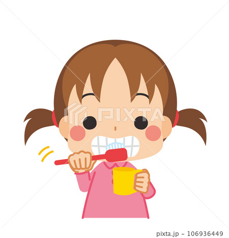歯みがきしている可愛い小さな女の子のイラスト　白背景　クリップアート　ベクター 106936449