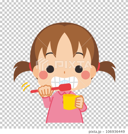 歯みがきしている可愛い小さな女の子のイラスト　白背景　クリップアート　ベクター 106936449