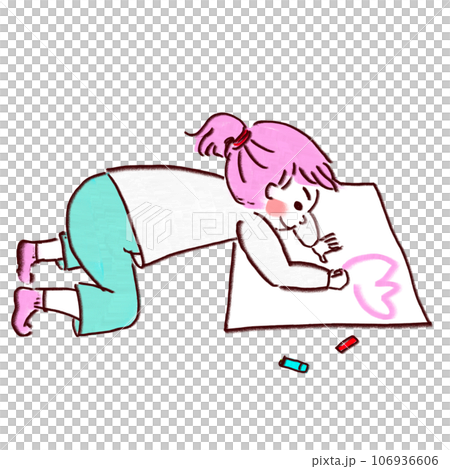 一個孩子在放在地板上的一張大紙上畫畫 一個孩子在放在地板上的一張大紙上畫畫 106936606