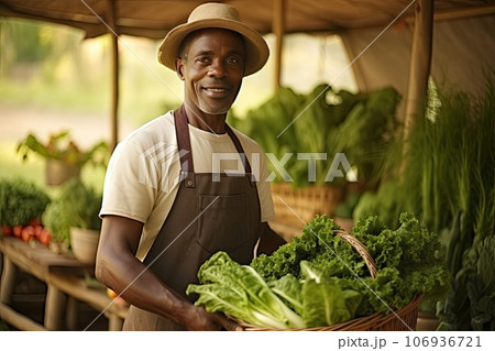 Middle aged African American man with her garden vegetable crop. Middle aged African American man with her garden vegetable crop. 106936721