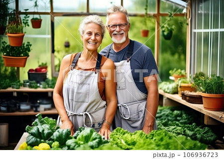 Middle aged Scandinavian couple with their garden vegetable crop. 106936723
