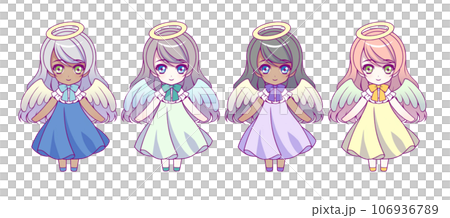 Deformed full-body illustration set of children's anime-style characters wearing angel costumes (pastel colors) 106936789