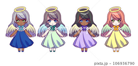 天使の衣装を着た子供のアニメ風のキャラクターのデフォルメ全身イラストセット 106936790