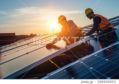 Solar panels on the roof of a small house. Solar panels on the roof of a small house. 106936851