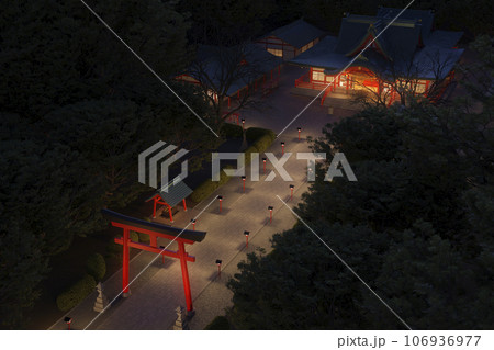 灯籠に明かりが灯る夜の神社の参道（俯瞰） / 初詣・二年参りのロケーションイメージ 106936977