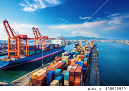 Aerical view of a busy seaport with cargo ships being loaded and unloaded. Aerical view of a busy seaport with cargo ships being loaded and unloaded. 106936989