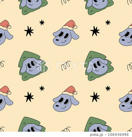 Christmas retro seamless pattern with cute kawaii groovy Santa  tree dog Vintage for winter holidays postcard, invitation, wrapping paper, packaging  106936998