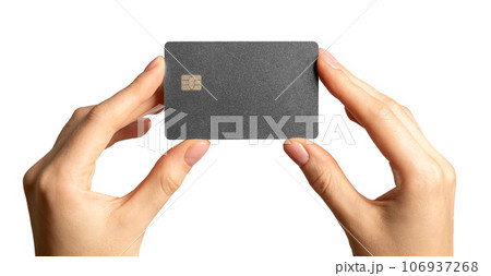 Hands holding bank debit card mock up isolated on white Hands holding bank debit card mock up isolated on white 106937268