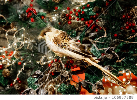 Cute bird toy on fir tree branch for Xmas holiday Cute bird toy on fir tree branch for Xmas holiday 106937389