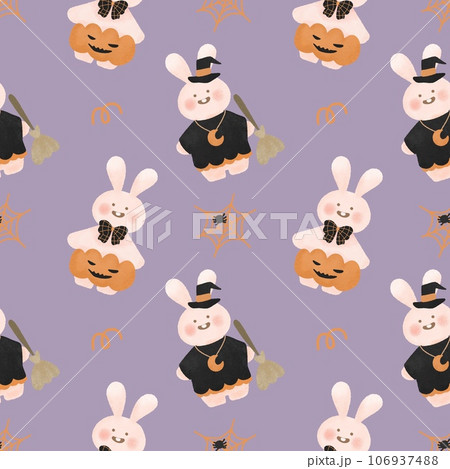 Seamless pattern with happy halloween bunny pumpkin rabbit witch cute kawaii cartoon for baby shower , wallpaper ,backdrop ,nursery, book cover 106937488