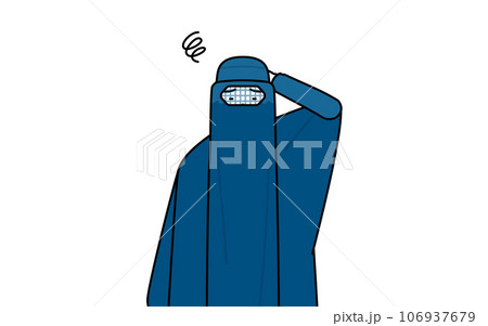 困って頭をかくブルカ姿のイスラム女性 106937679
