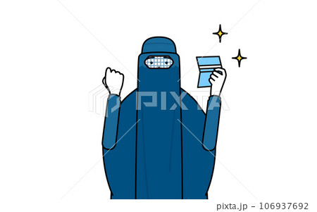 預金通帳を見て喜ぶブルカ姿のイスラム女性 106937692