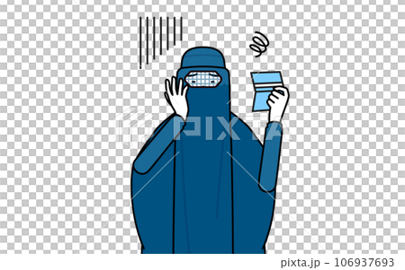 一名身穿罩袍的穆斯林婦女看著她的銀行存摺，看上去很沮喪 106937693