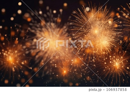 Golden fireworks on dark sky, celebration and happy new year concept abstract background illustration. Generative AI 106937858