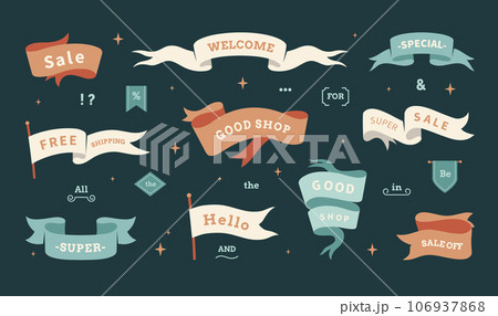 Ribbon and flag banners. Logo frame. Text and shapes for kitchen shop. Shopping promotion. Sale headline. Welcome phrase. Retro craft label for take away. Vector stickers design set 106937868