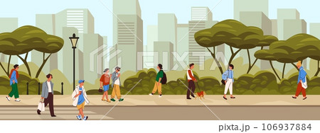 City street. Pedestrians walk on sidewalk and cross road. Urban buildings. People stroll. Town houses and trees. Guy with dog. Woman in casual clothing. Cityscape vector illustration 106937884