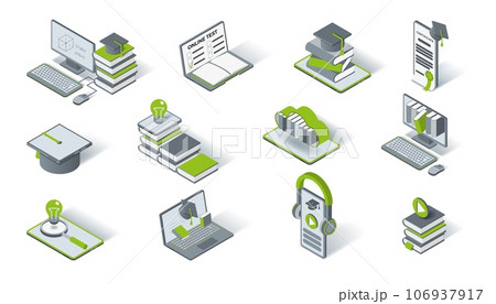Education icons. 3D isometric laptop. Ebook library. Online school. Audiobook or cloud technology. Textbooks stack. Graduation hat. Computer and smartphone. Vector studying signs set 106937917