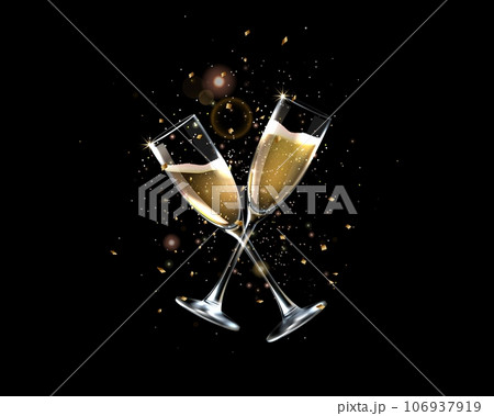Wine glass. Congratulatory toast, gold champagne drink isolated on black background, golden glitter for new year party night. Elegant luxury wineglasses. Vector bokeh, 3d illustration 106937919