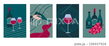 Wine bottle. Dinner glass, red retro posters for restaurant, vintage minimal art, party menu. Wall art or alcohol menu covers. Grape drinks in wineglass. Ad banners set. Vector background Wine bottle. Dinner glass, red retro posters for restaurant, vintage minimal art, party menu. Wall art or alcohol menu covers. Grape drinks in wineglass. Ad banners set. Vector background 106937926