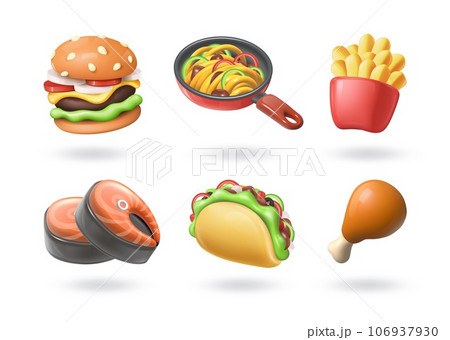 3D food. Pizza icon. Pasta preparing in pan. Chicken and fried potato. Hamburger or meat burger. Fast restaurant eat menu. Fish cooking. Shawarma and burrito. Vector render objects set 106937930