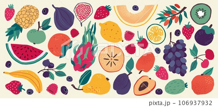 Doodle fruits. Summer icons, fresh apple and strawberry, orange and lemon, cherry and grape. Exotic dragonfruit and pineapple. Sweet tropical food. Cartoon flat isolated illustration. Vector set Doodle fruits. Summer icons, fresh apple and strawberry, orange and lemon, cherry and grape. Exotic dragonfruit and pineapple. Sweet tropical food. Cartoon flat isolated illustration. Vector set 106937932