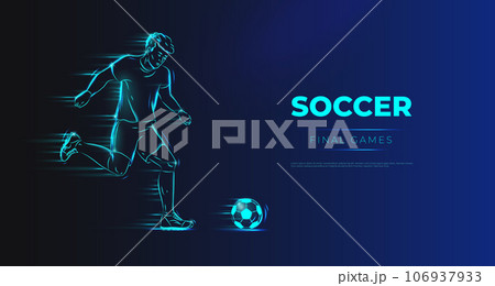 Soccer player. Man playing with ball. Glowing neon sportsman silhouette. Footballers action. Sport competition. Football match. Goal shot in game. Pass in motion. Vector background 106937933
