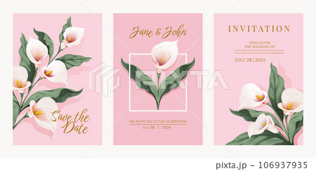 Flower wedding invite. White calla flowers on pink background, golden letters. Floral pastel spring greeting card design, lily and magnolia bouquet, botanical invitation template. Vector set 106937935