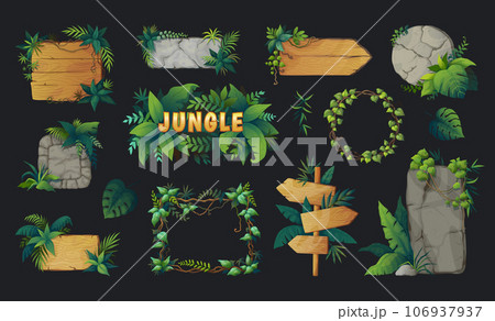 Jungle game. Stone or wooden blank boards. Exotic forest elements. Wood frame with palm leaves and lianas. Rainforest bamboo pointer signage. UI signboards set. Vector cartoon backgrounds 106937937