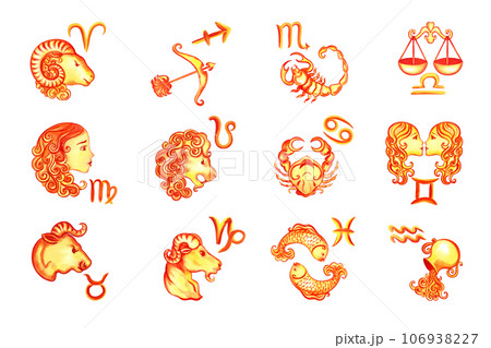 Zodiac signs according to the horoscope. The watercolor is hand-drawn. Artistic, color, colorized illustration. Isolate. For astrological forecasts, calendars, printed materials. For stickers, posters 106938227