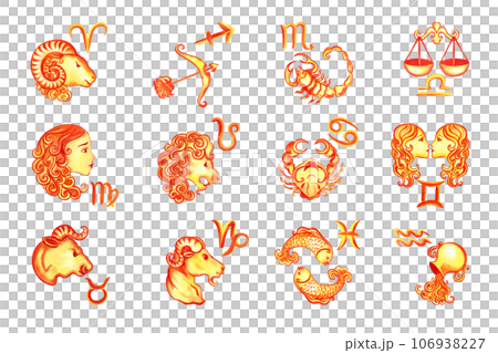 Zodiac signs according to the horoscope. The watercolor is hand-drawn. Artistic, color, colorized illustration. Isolate. For astrological forecasts, calendars, printed materials. For stickers, posters 106938227