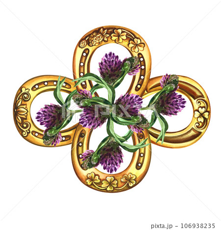 A composition of horseshoes and clover. A symbol of good luck. Handmade watercolor illustration. Isolate. For printing, stickers and labels. For postcard, print and packaging. For pattern and talisman 106938235