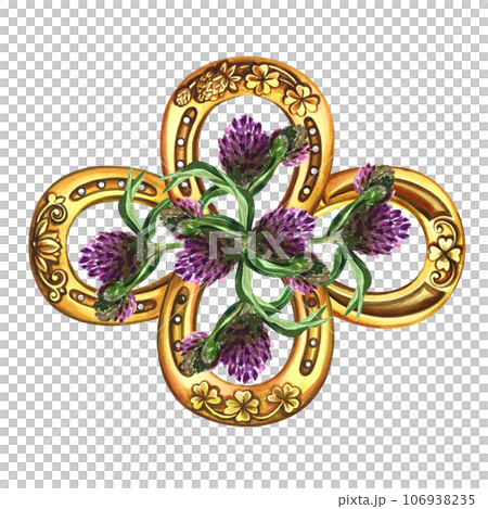 A composition of horseshoes and clover. A symbol of good luck. Handmade watercolor illustration. Isolate. For printing, stickers and labels. For postcard, print and packaging. For pattern and talisman 106938235