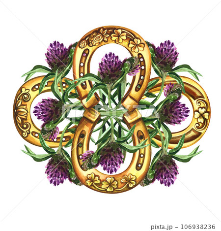 A composition of horseshoes and clover. A symbol of good luck. Handmade watercolor illustration. Isolate. For printing, stickers and labels. For postcard, print and packaging. For pattern and talisman A composition of horseshoes and clover. A symbol of good luck. Handmade watercolor illustration. Isolate. For printing, stickers and labels. For postcard, print and packaging. For pattern and talisman 106938236