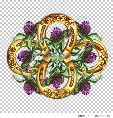 A composition of horseshoes and clover. A symbol of good luck. Handmade watercolor illustration. Isolate. For printing, stickers and labels. For postcard, print and packaging. For pattern and talisman A composition of horseshoes and clover. A symbol of good luck. Handmade watercolor illustration. Isolate. For printing, stickers and labels. For postcard, print and packaging. For pattern and talisman 106938236