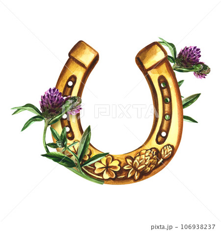 Horseshoe with four-leaf clover. A symbol of good luck. Handmade watercolor illustration. Isolate. For printing, stickers and labels. For postcards, prints and packaging. For banners, posters 106938237