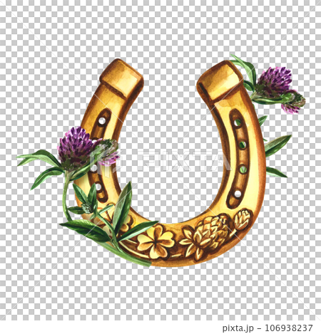 Horseshoe with four-leaf clover. A symbol of good luck. Handmade watercolor illustration. Isolate. For printing, stickers and labels. For postcards, prints and packaging. For banners, posters 106938237